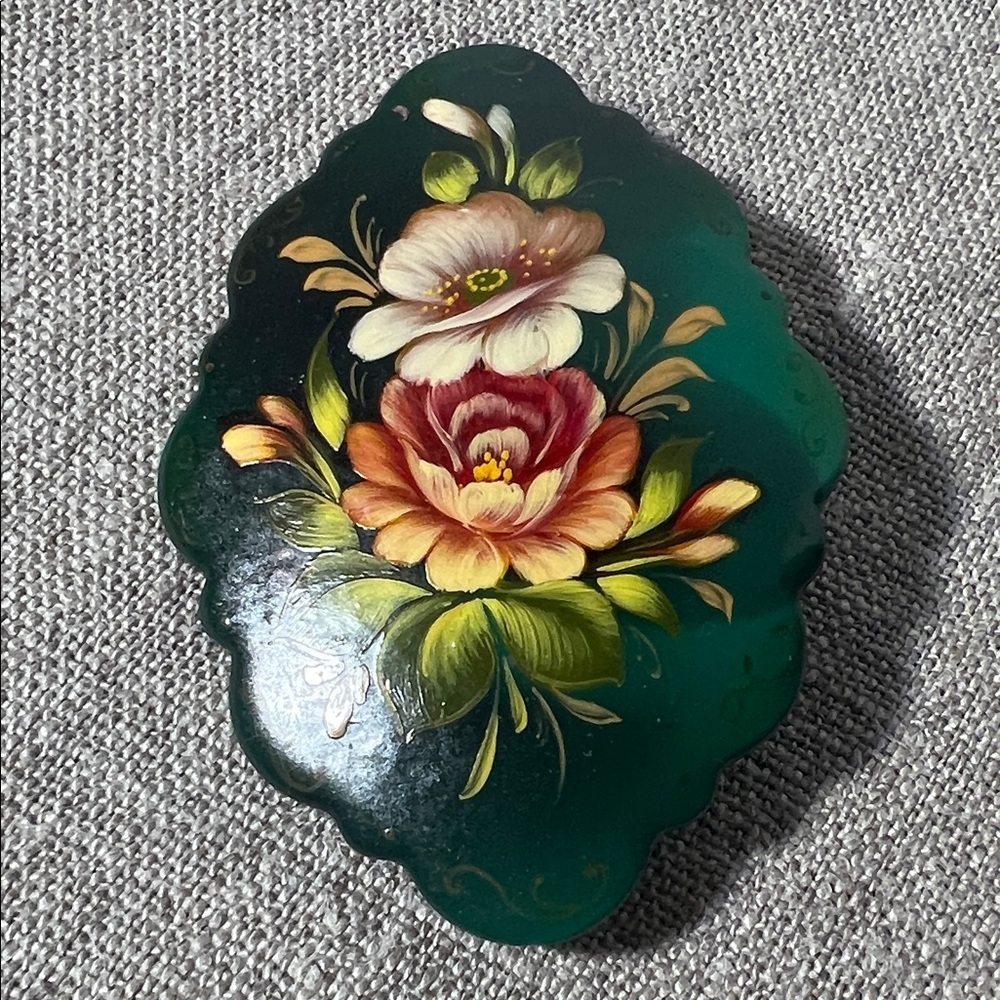 Floral Antique Painted Russian Brooch Signed. WA456